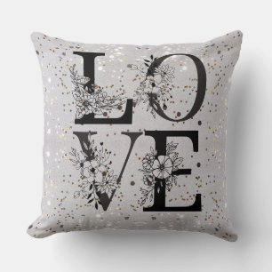 Modern LOVE silver glitter valentine's floral Throw Pillow