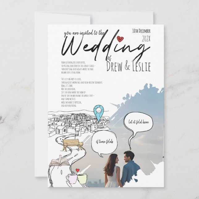 Modern Love Story Timeline Illustrated Wedding Invitation (Front)