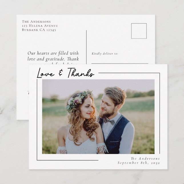 Modern Love & Thanks Photo Wedding Thank You Postcard (Front/Back)