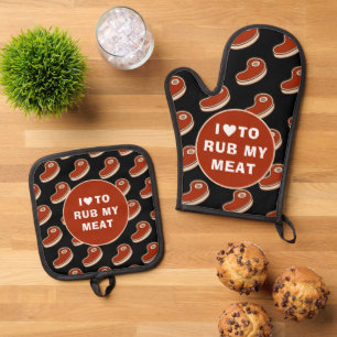 Modern Love To Rub Meat White Text Oven Mitt & Pot Holder Set