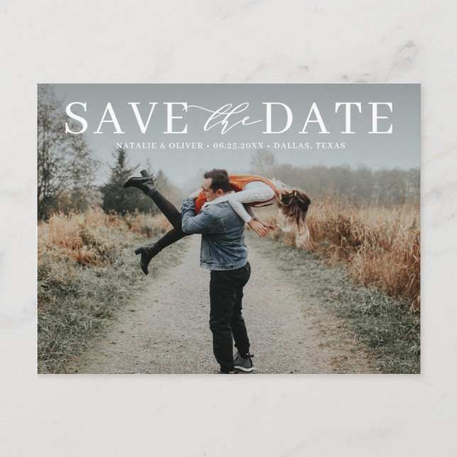 Modern Love Typography Overlay Photo Save the Date Announcement Postcard (Front)