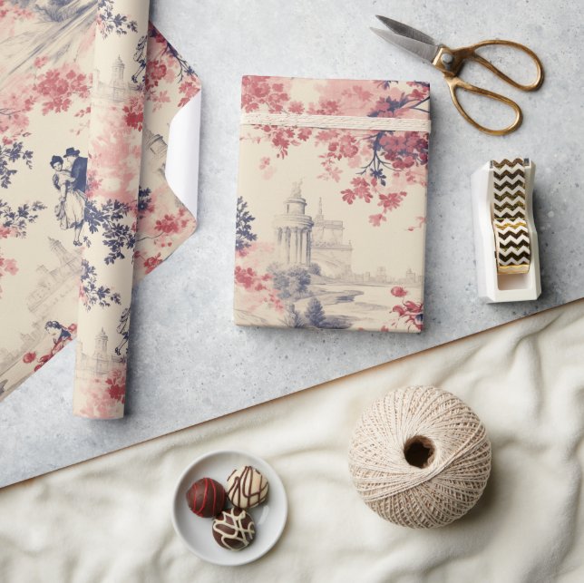 Modern Love Valentine Red Toile de Jouy Pattern Wrapping Paper (Crafts)