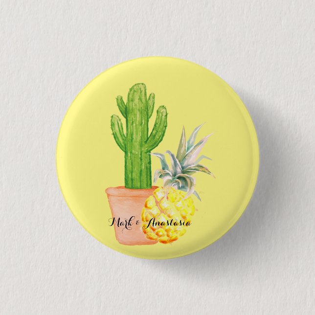 Modern Love Yellow Pineapple and Cactus 1 Inch Round Button (Front)