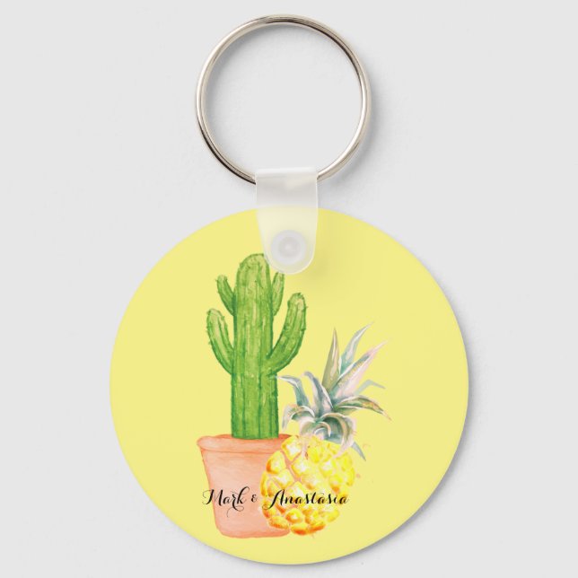 Modern Love Yellow Pineapple and Cactus Keychain (Front)