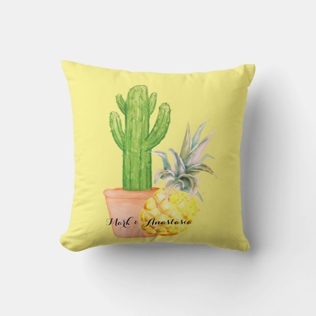 Modern Love Yellow Pineapple and Cactus Throw Pillow (Front)