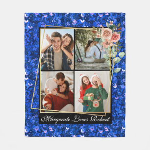 Modern LOVE YOU 4 Photos blue Glitter Valentine Fleece Blanket