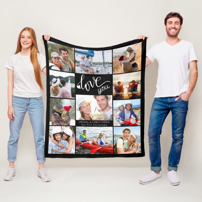 Modern Love You Photo Collage 11 Pictures Custom Fleece Blanket (In Situ)