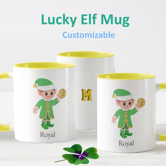 Modern Lucky Elf with Calligraphy & Monogram Mug (Creator Uploaded)