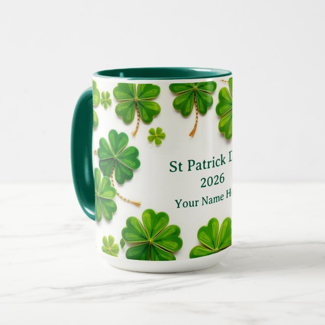 Modern Lucky Green Shamrock Gold Trimmed Mug (Front Left)