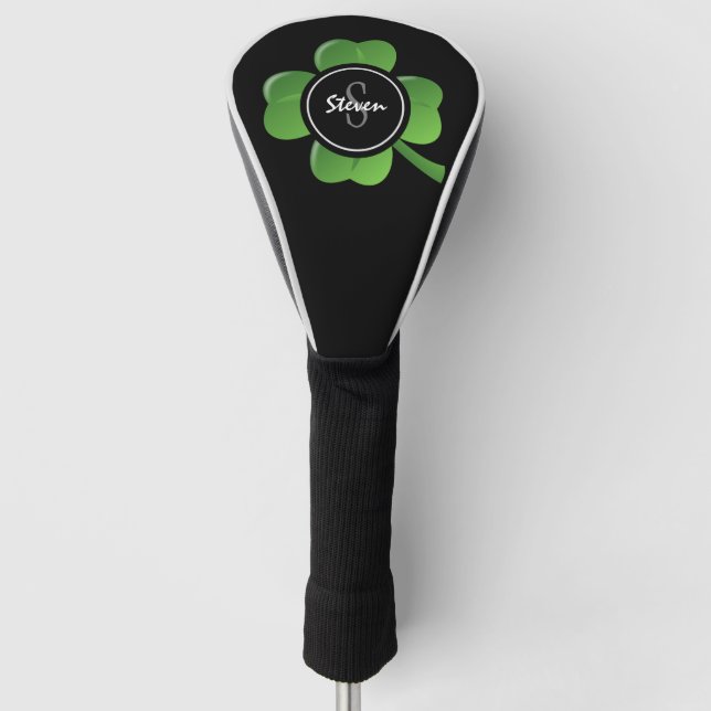 Modern Lucky Green Shamrock Monogram Name Golf Head Cover (Front)