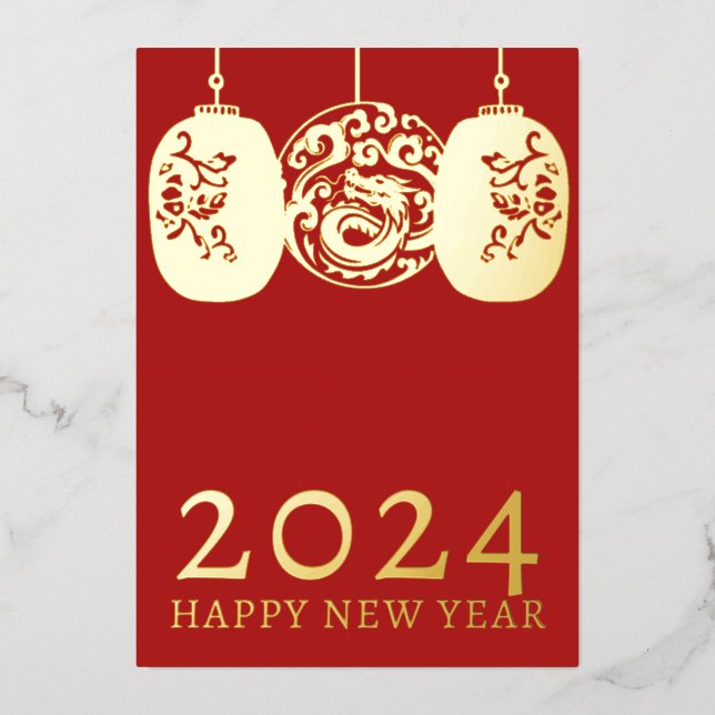 Modern Lunar New Year Gold Dragon Foil Holiday Card (Front)
