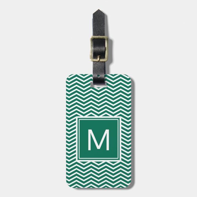 Modern Lush Green Chevrons With Monogram Luggage Tag (Front Vertical)