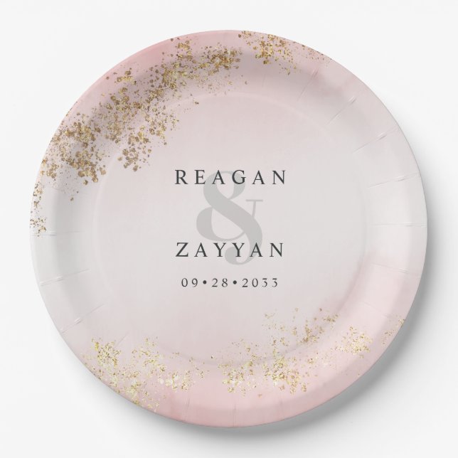 Modern Luxe Gold Flecks Blush Pink Mist Wedding Paper Plate (Front)