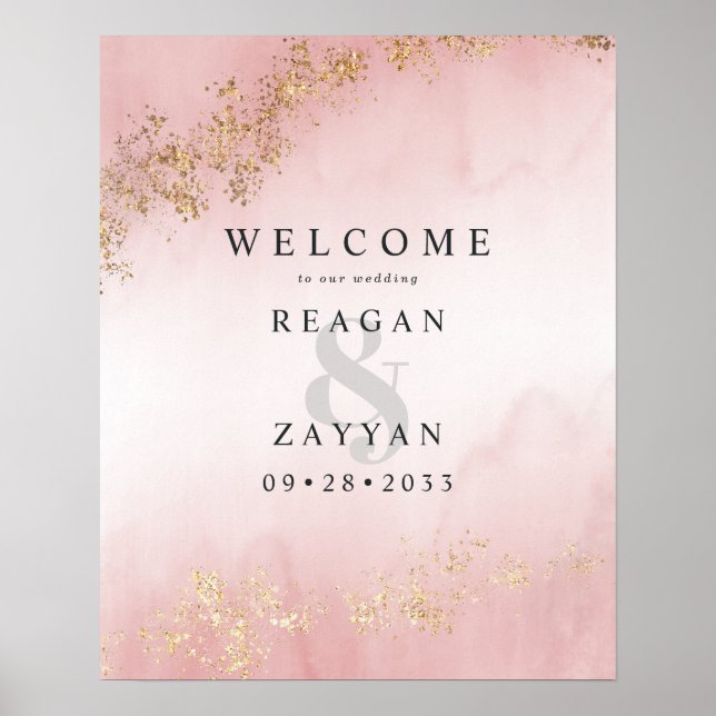 Modern Luxe Gold Flecks Blush Pink Wedding Welcome Poster (Front)