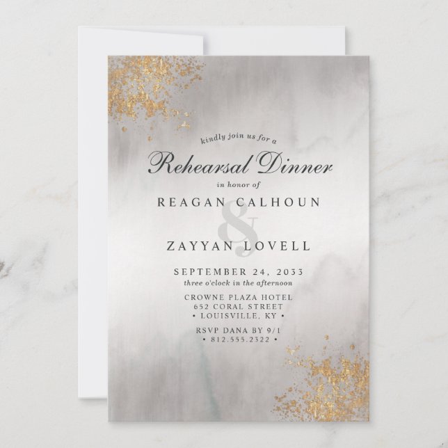 Modern Luxe Gold Flecks Grey Mist Rehearsal Dinner Invitation (Front)
