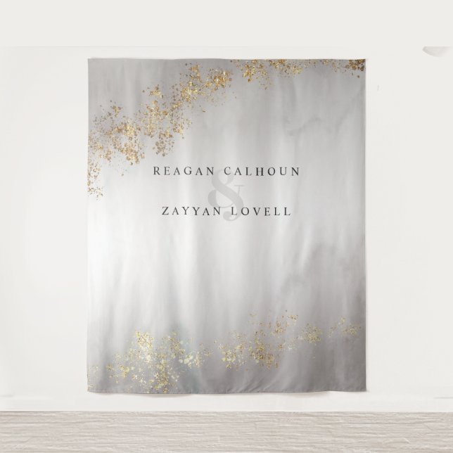 Modern Luxe Gold Flecks Grey Mist Wedding Photo Tapestry (Front)