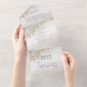 Modern Luxe Gold Flecks Grey Watercolor Wedding All In One Invitation