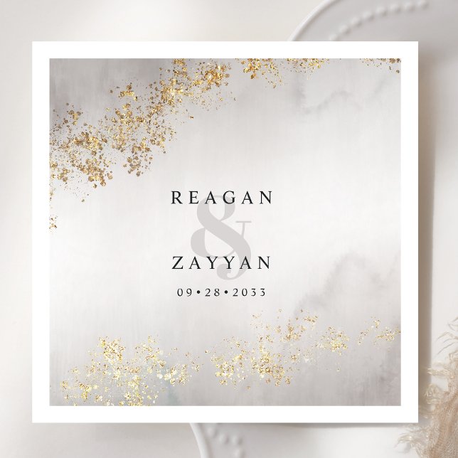 Modern Luxe Gold Flecks Grey Watercolor Wedding Na Napkin (Creator Uploaded)