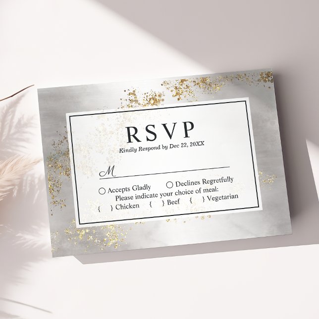 Modern Luxe Gold Flecks Grey Watercolor Wedding RSVP Card (Creator Uploaded)