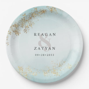Modern Luxe Gold Flecks Teal Mist Wedding Paper Plate