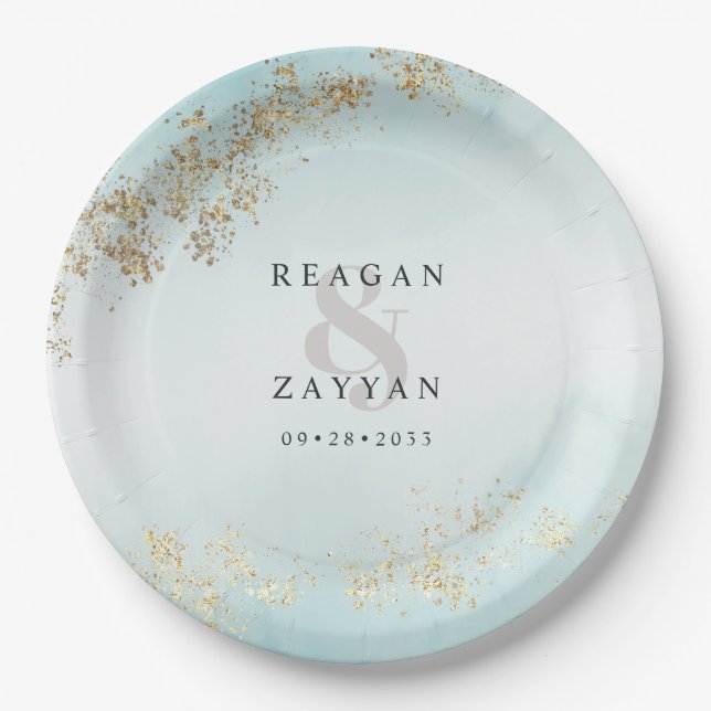 Modern Luxe Gold Flecks Teal Mist Wedding Paper Plate (Front)