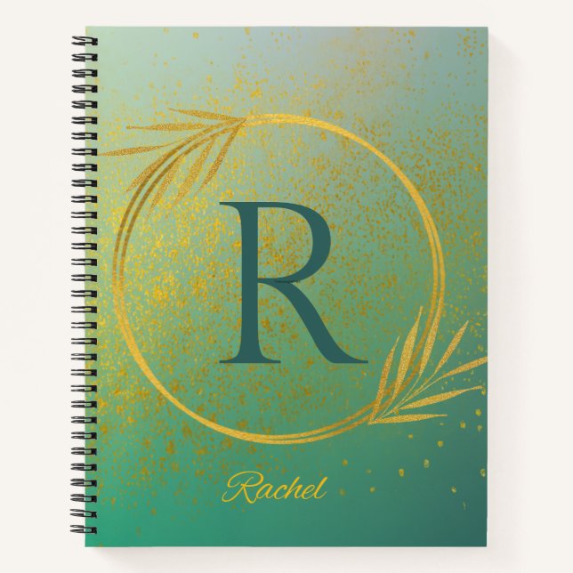 Modern Luxe Gold & Turquoise Custom Name & Initial Notebook (Front)