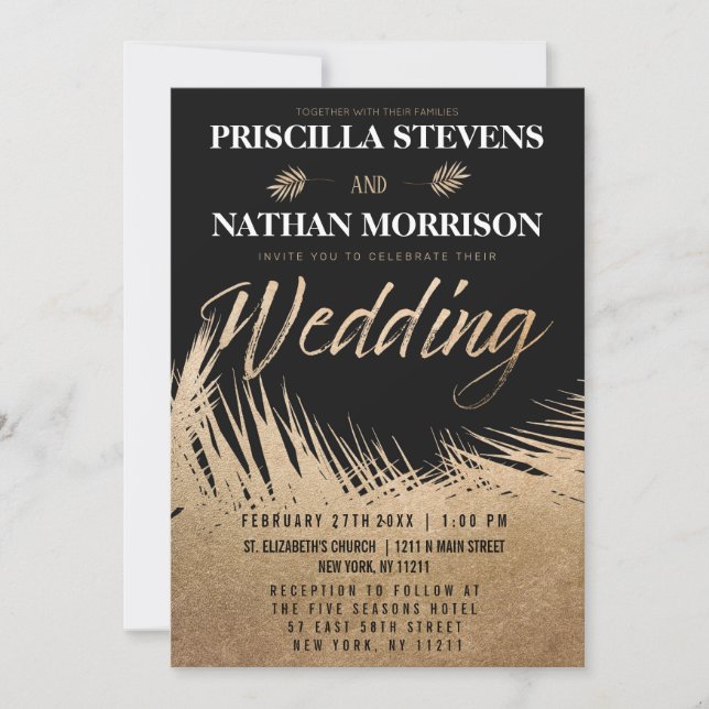 Modern Luxurious Gold Palm Leaves Chic Wedding Invitation (Front)