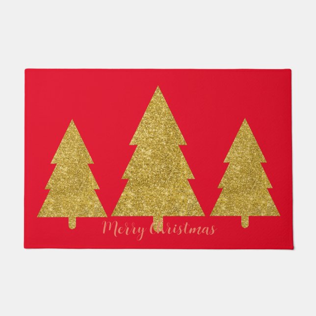 Modern luxurious golden trees sparkling red doormat (Front)