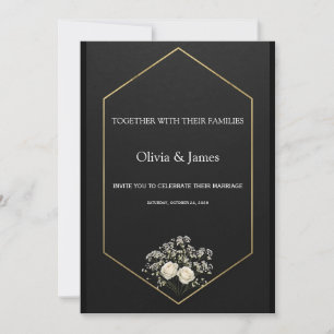 Modern Luxury Black Gold White Floral Wedding Invitation