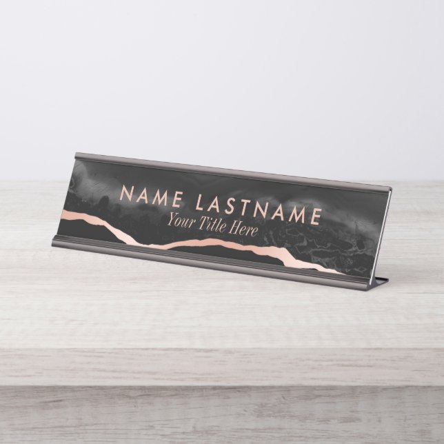 Modern Luxury Black Grey Rose Gold Agate Marble Desk Name Plate (Front)