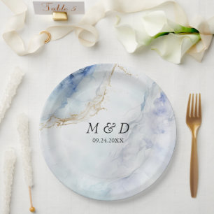 Modern Luxury Blue Marble Wedding Paper Plates