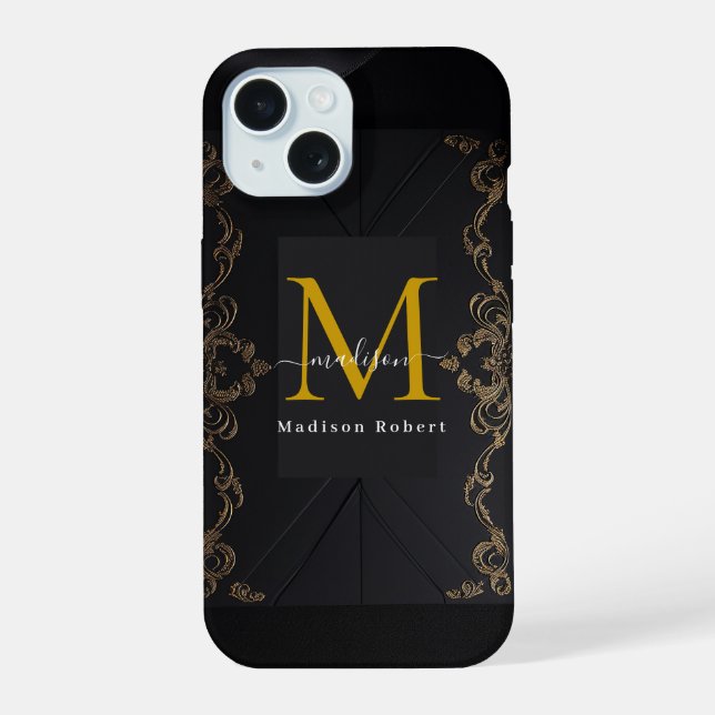 Modern Luxury Brown Monogram Initial Funny Script iPhone 15 Case (Back)