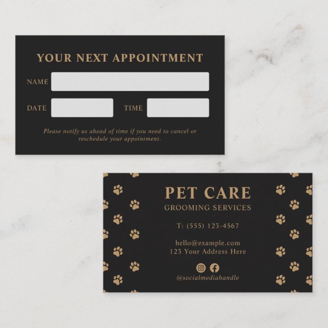 Modern Luxury Charcoal Golden Paw Pet Care Appointment Card (Front/Back)