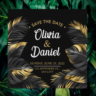 Modern Luxury Chic Black Gold Tropical Palm Save The Date