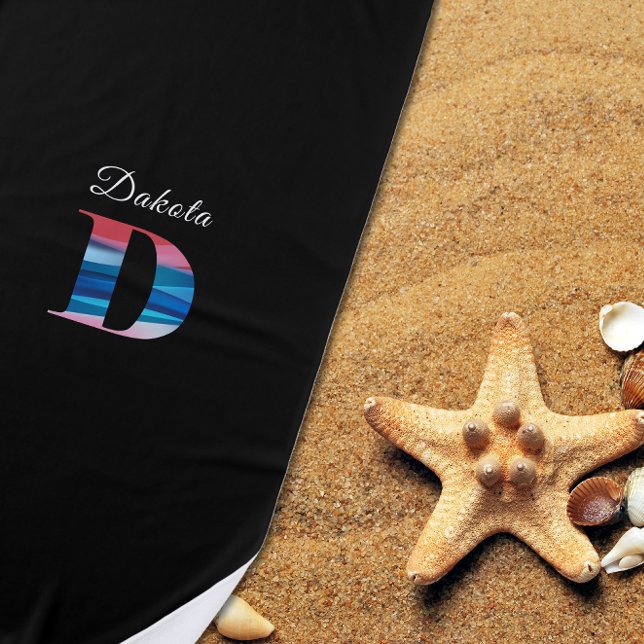 Modern luxury coral blue initial name D black Beach Towel (Creator Uploaded)