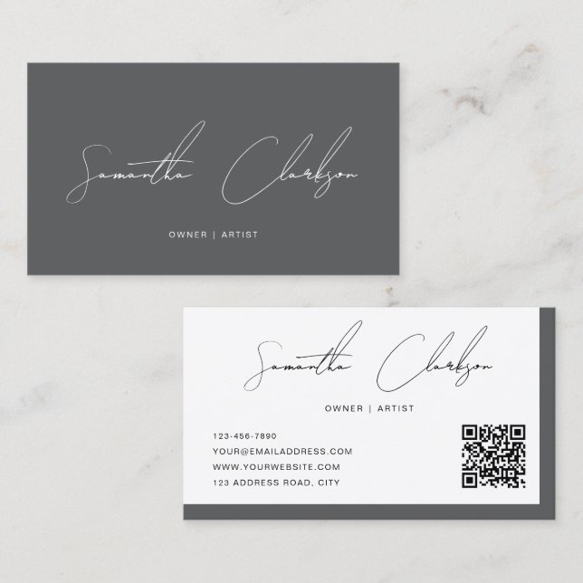 Modern Luxury Dark Grey Handwritten Script QR code Business Card (Front/Back)