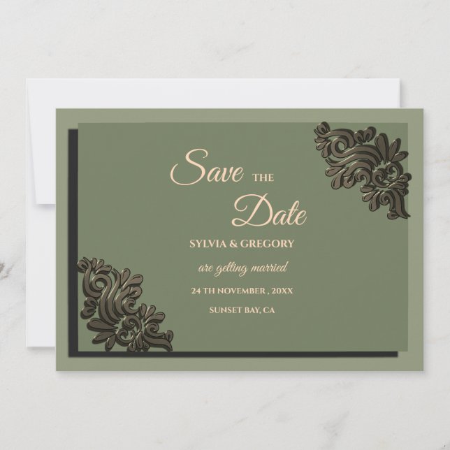 Modern Luxury Earth tone Sage Green & Gold Classic Save The Date (Front)