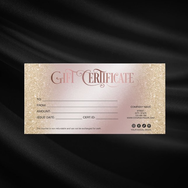 modern luxury gift card certificate add logo (ROSE GOLD AND GOLD GLITTER GIFT CERTIFICATE )