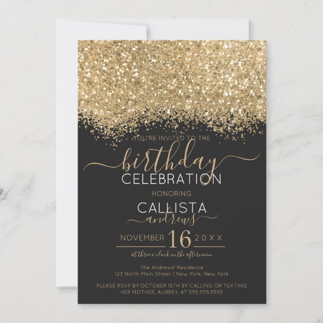 Modern Luxury Gold Black Glitter Confetti Birthday Invitation (Front)