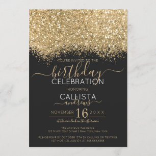 Modern Luxury Gold Black Glitter Confetti Birthday Invitation