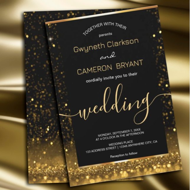 Modern Luxury Gold Black Sparkles Invitation (#zazzlemade #wedding #weddinginvitation #goldinvitation)
