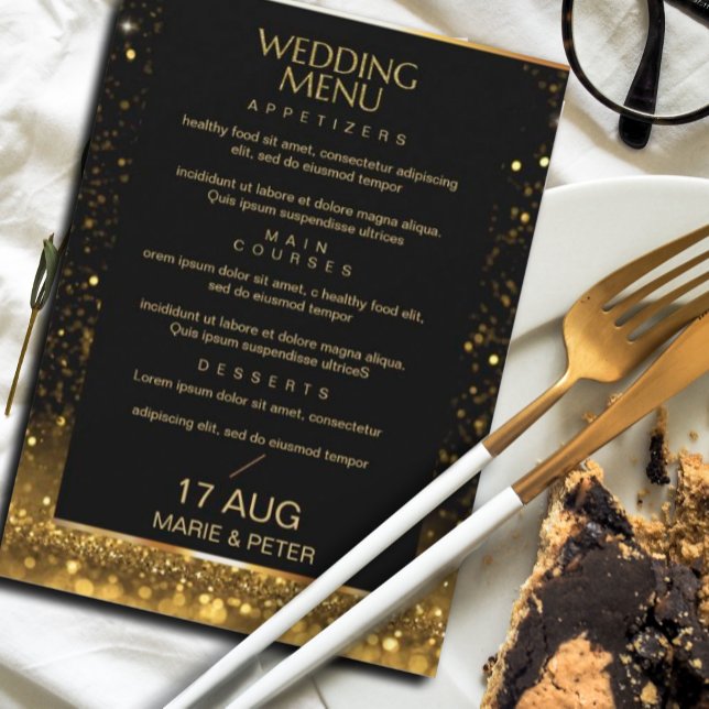 Modern Luxury Gold Black Sparkles Menu Invitation (#menugold #blackandgold)