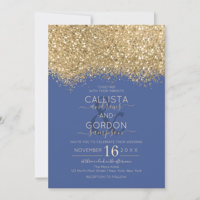 Modern Luxury Gold Blue Glitter Confetti Wedding Invitation (Front)