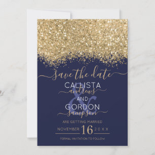 Modern Luxury Gold Navy Glitter Confetti Wedding Save The Date