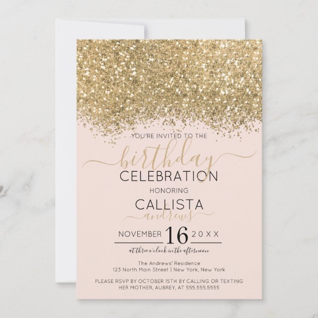 Modern Luxury Gold Pink Glitter Confetti Birthday Invitation (Front)