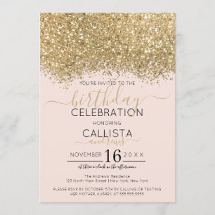 Modern Luxury Gold Pink Glitter Confetti Birthday Invitation