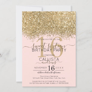 Modern Luxury Gold Pink Glitter Confetti Sweet 16 Invitation