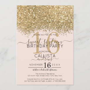 Modern Luxury Gold Pink Glitter Confetti Sweet 16 Invitation