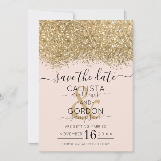 Modern Luxury Gold Pink Glitter Confetti Wedding Save The Date (Front)