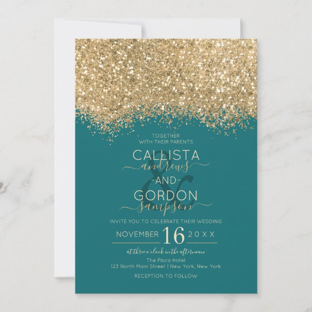 Modern Luxury Gold Teal Glitter Confetti Wedding Invitation (Front)